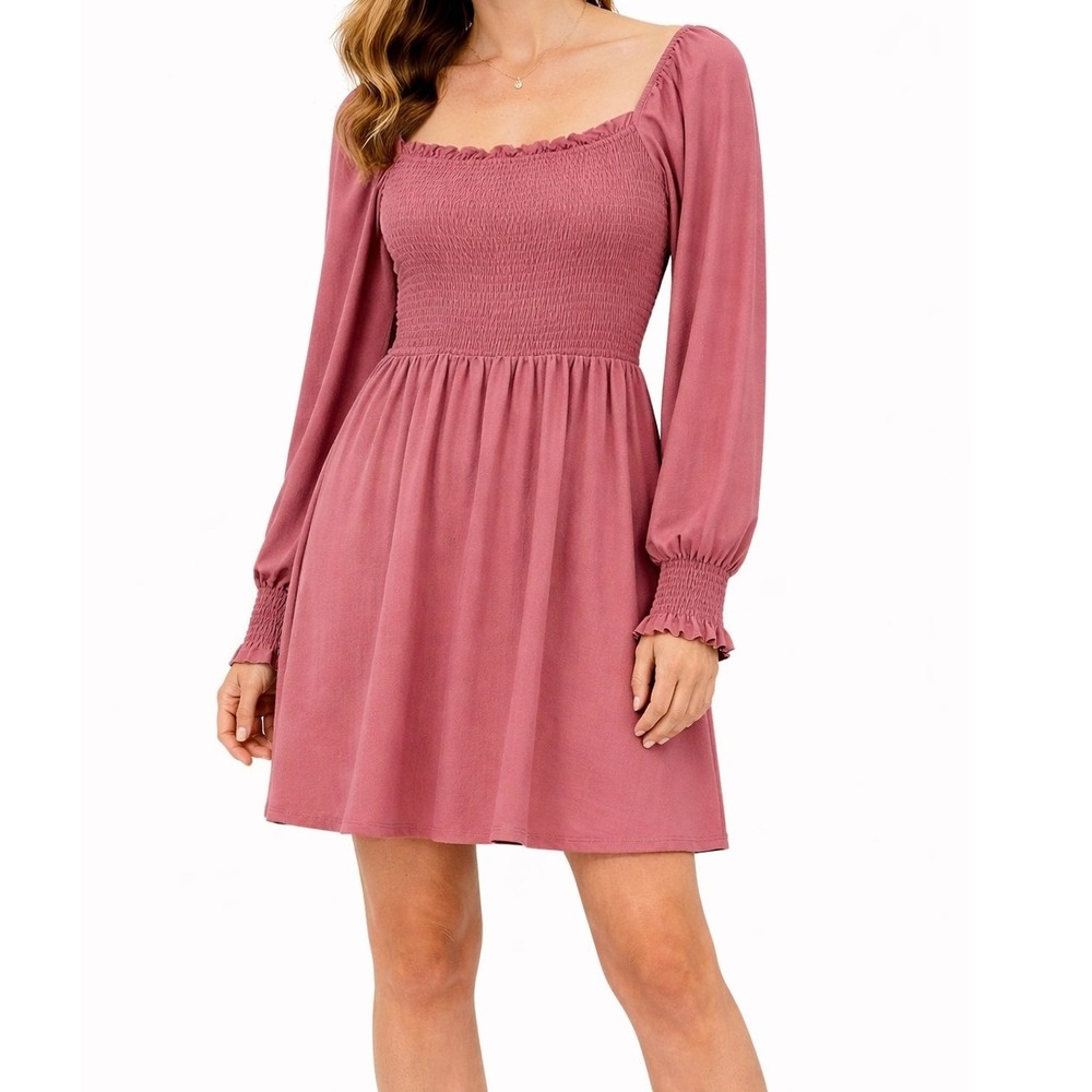 *NWT* Charmed Hearts Smocked Mini Dress Womens M Mauve Pink Long‎ Sleeve